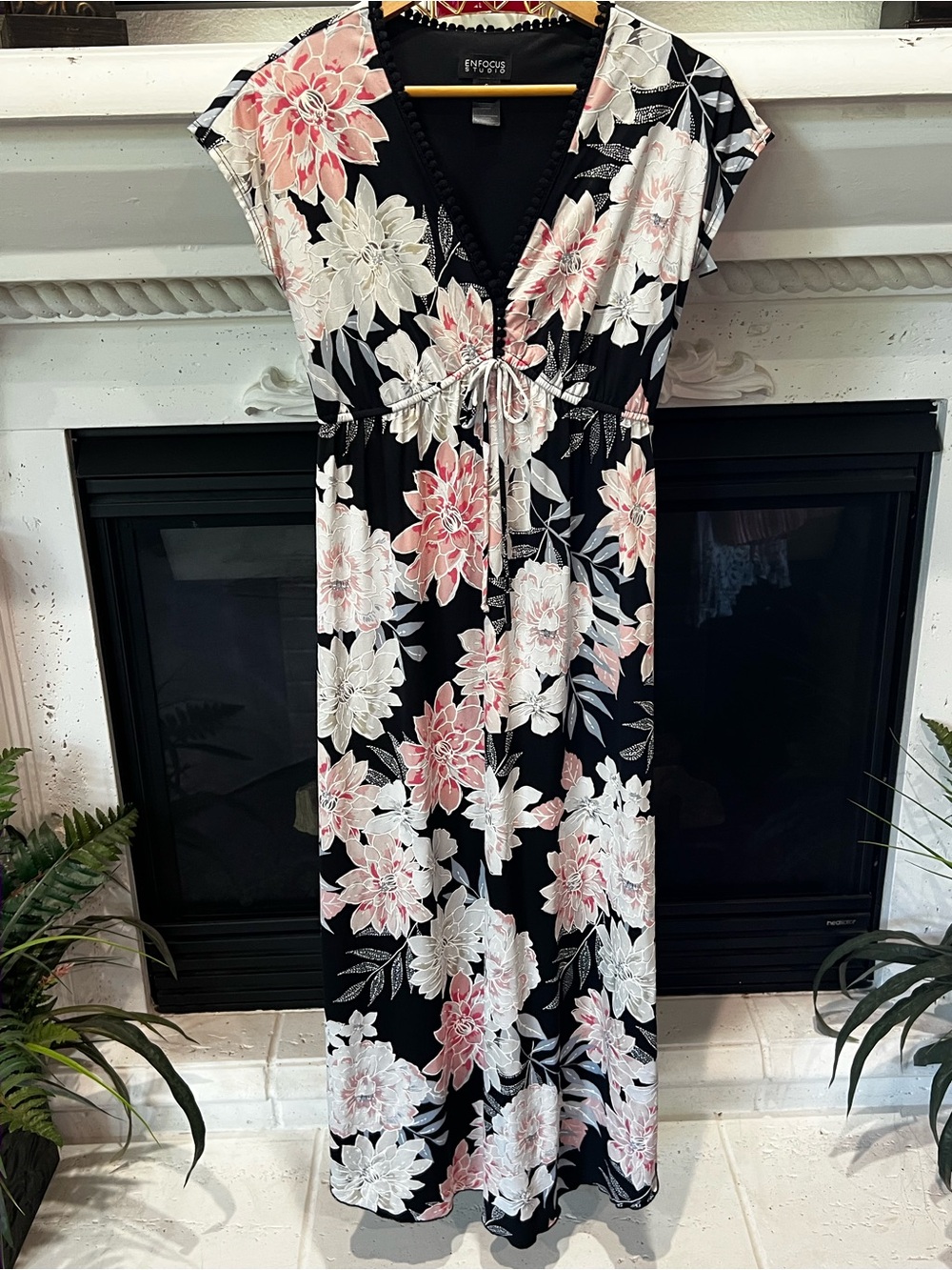 Enfocus Studio Black Maxi Dress with Pink & White Floral Print